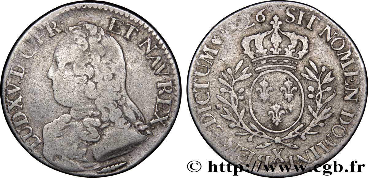 LOUIS XV DIT LE BIEN AIMÉ Cinquième d écu aux branches d olivier, buste habillé 1726 Amiens TB