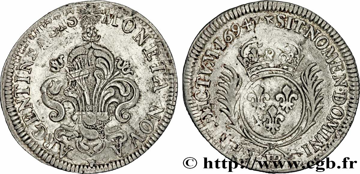 LOUIS XIV LE GRAND OU LE ROI SOLEIL 35 sols aux palmes 1694 Strasbourg TB+/TB