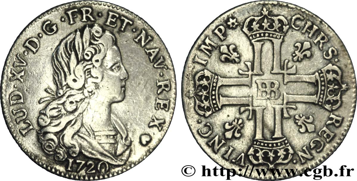 LOUIS XV &nbsp;THE WELL-BELOVED&nbsp; Louis d’argent à la croix aux huit L couronnées 1720  Strasbourg VF