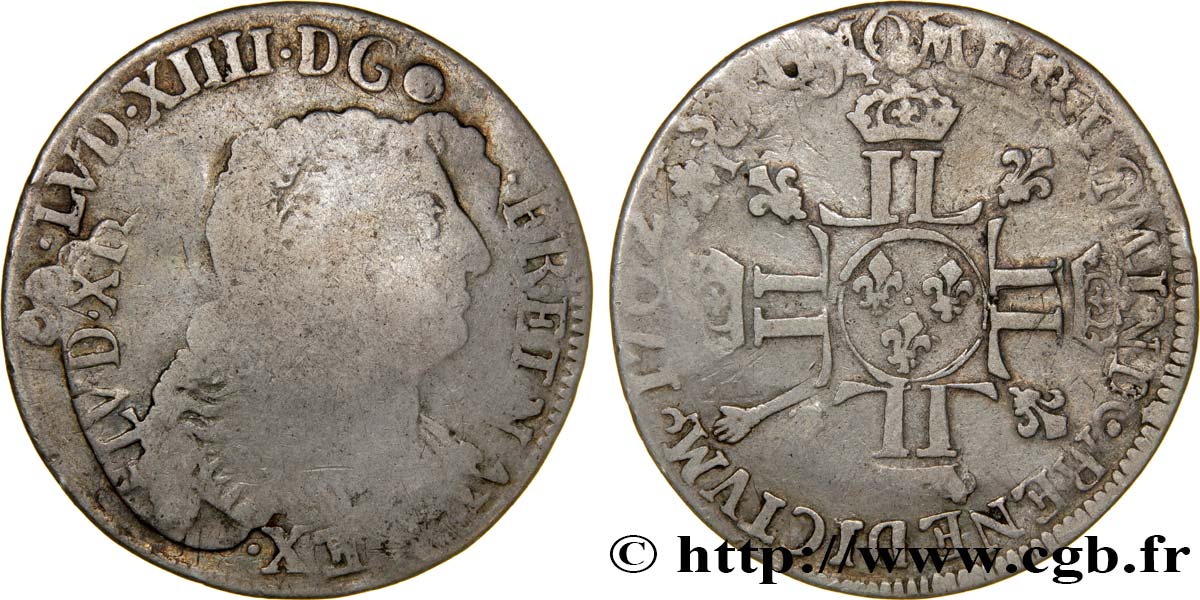 LOUIS XIV LE GRAND OU LE ROI SOLEIL Quart d’écu aux huit L n.d. s.l. TTB