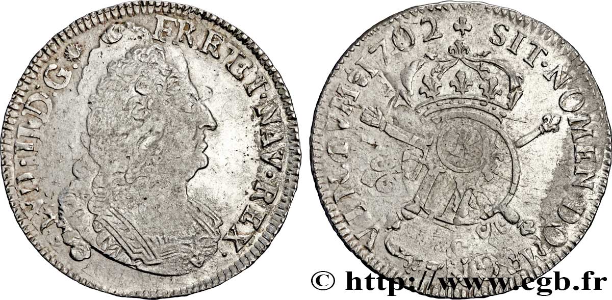 LOUIS XIV LE GRAND OU LE ROI SOLEIL Demi-écu aux insignes 1702 Reims TTB