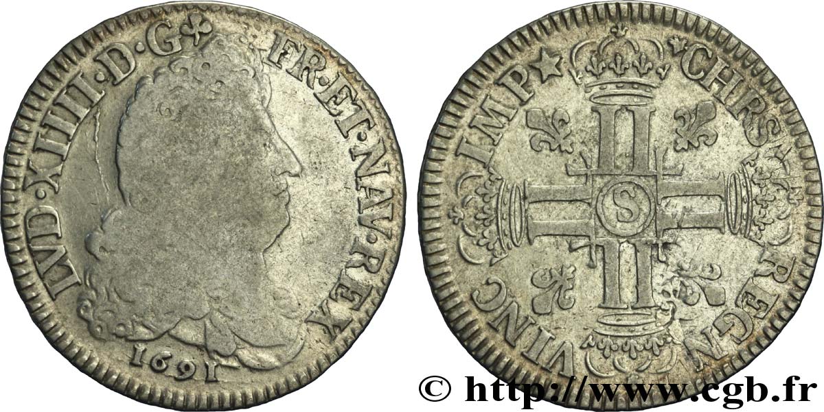 LOUIS XIV LE GRAND OU LE ROI SOLEIL Demi-écu aux huit L, 1er type 1691 Reims TB/TB+