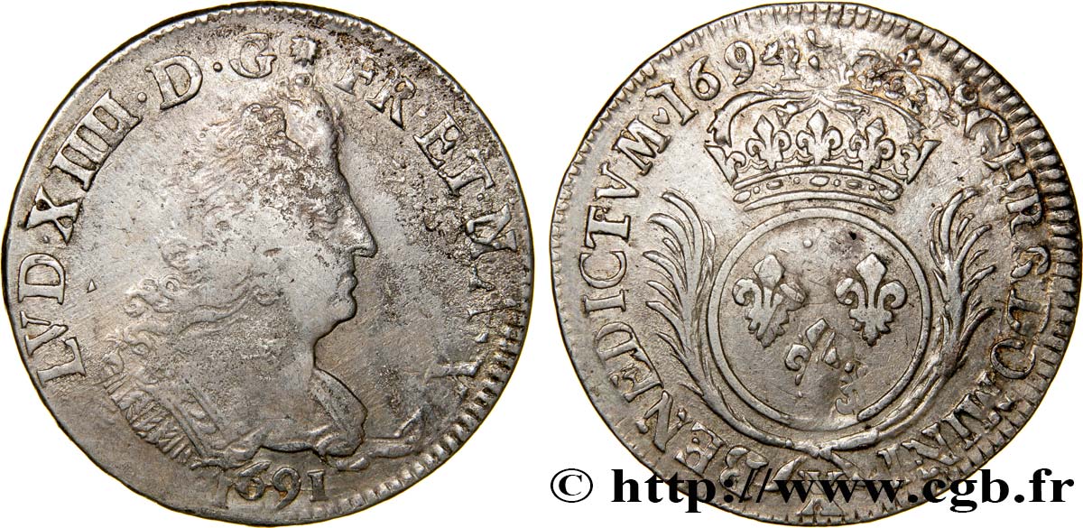 LOUIS XIV LE GRAND OU LE ROI SOLEIL Demi-écu aux palmes 1694 Amiens TB+