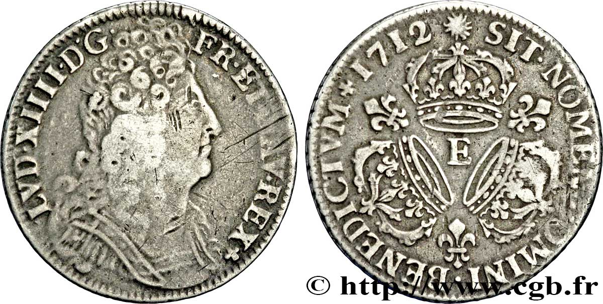 LOUIS XIV LE GRAND OU LE ROI SOLEIL Quart d&nbsp;écu aux trois couronnes 1712 Tours TB+