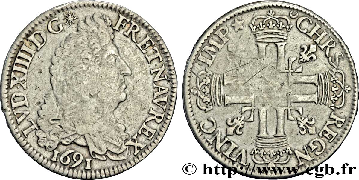 LOUIS XIV LE GRAND OU LE ROI SOLEIL Demi-écu aux huit L, 1er type 1691 Paris TB+