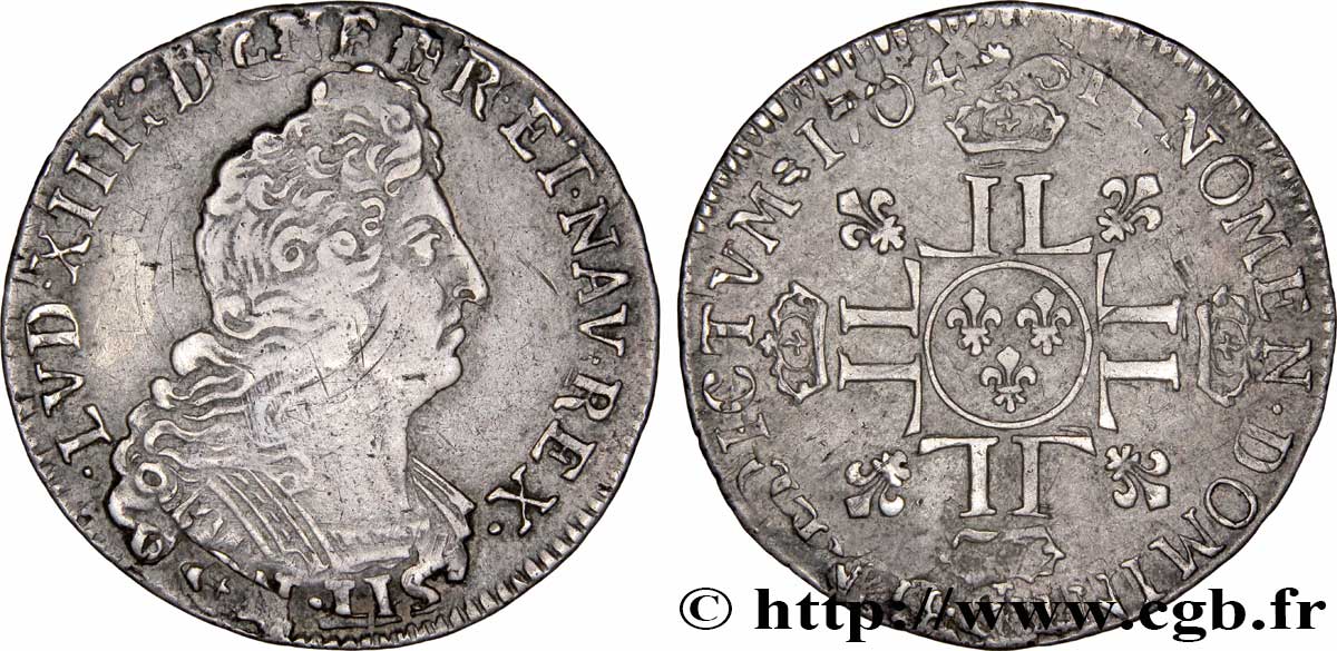 LOUIS XIV  THE SUN KING  Quart d’écu aux huit L, 2e type 1704 s.l. VF/XF