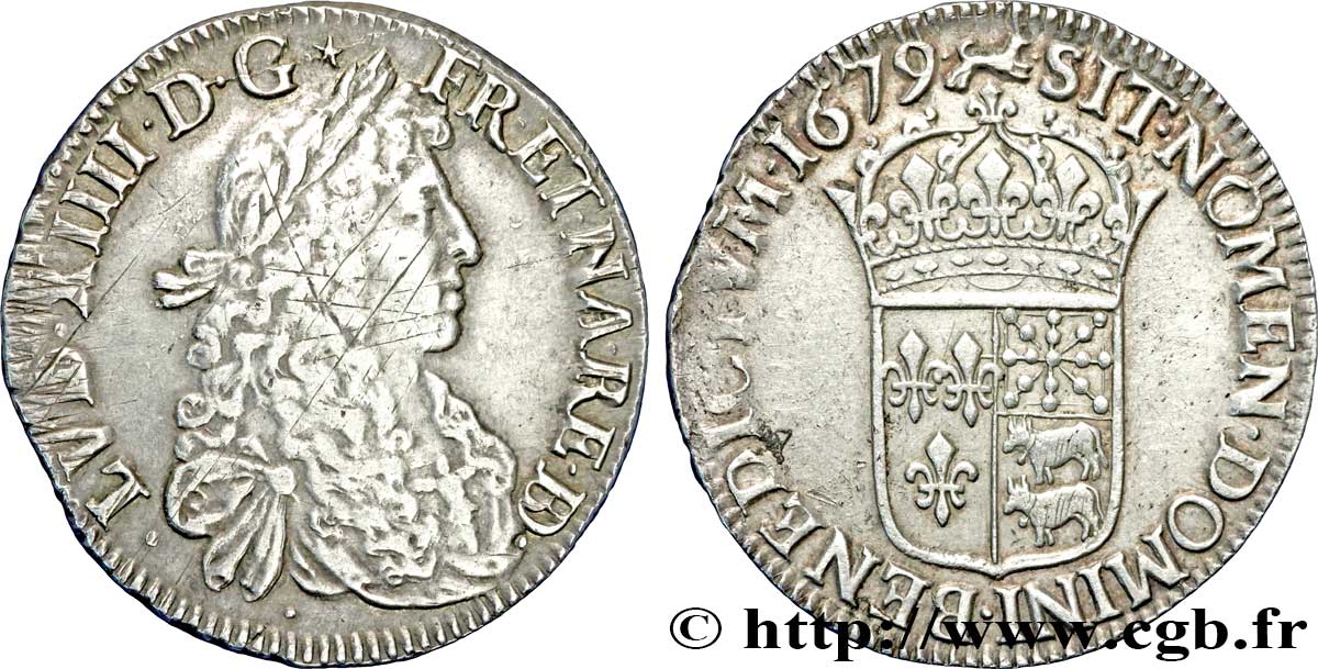 LOUIS XIV LE GRAND OU LE ROI SOLEIL Écu de Béarn, portrait apollinien 1679 Pau TTB/TTB+