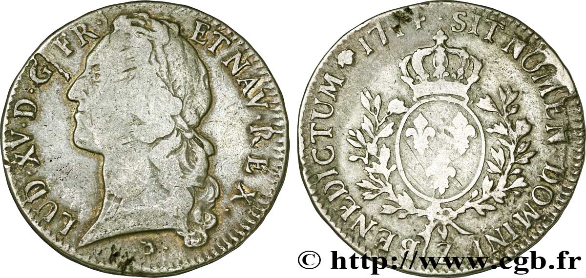 LOUIS XV DIT LE BIEN AIMÉ Écu aux branches d’olivier, tête ceinte d’un bandeau 1744 Grenoble TB
