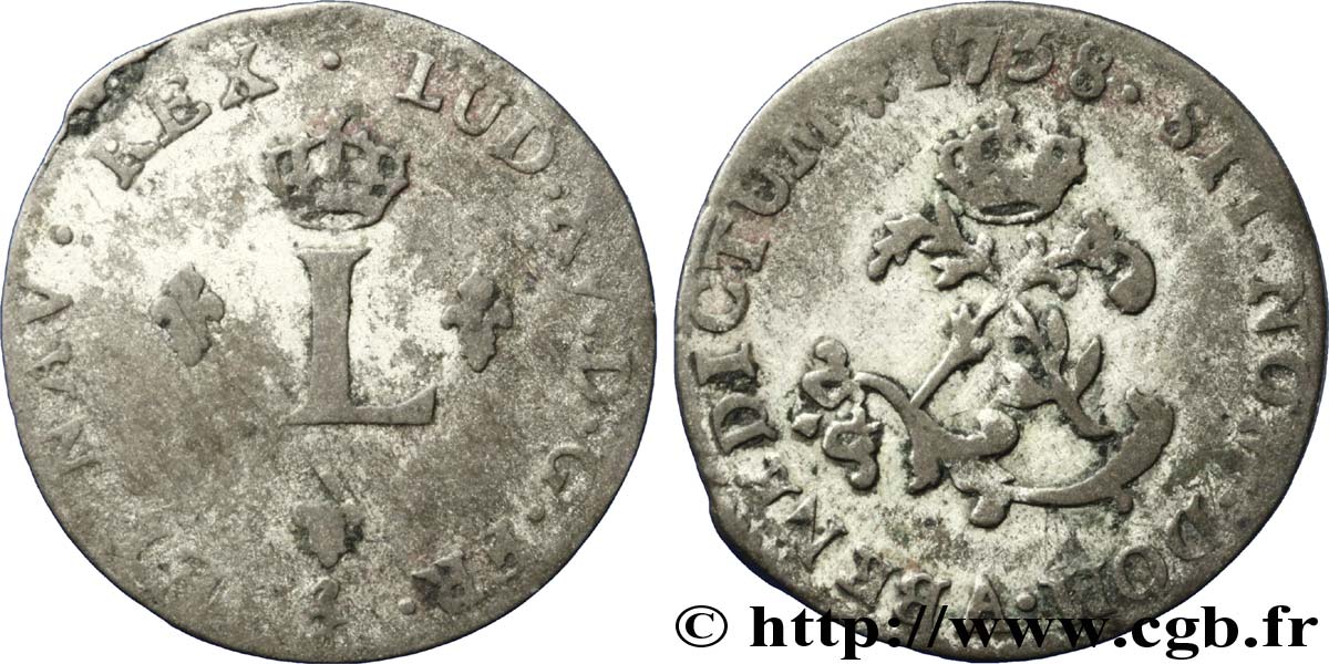 LOUIS XV DIT LE BIEN AIMÉ Double sol de billon 1758 Paris B+