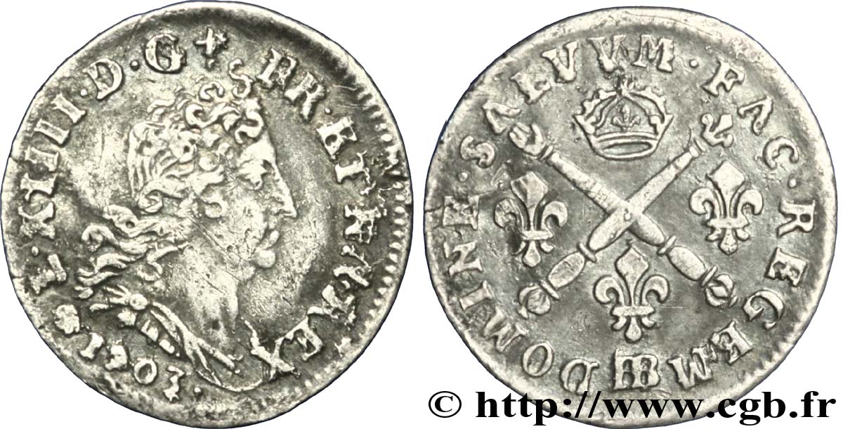 LOUIS XIV LE GRAND OU LE ROI SOLEIL Cinq sols aux insignes 1703 Strasbourg TB+