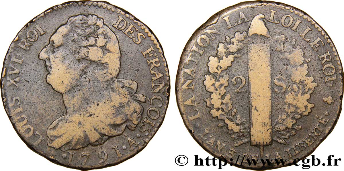 LOUIS XVI 2 sols dit  au faisceau , type FRANÇOIS 1791 Paris BC