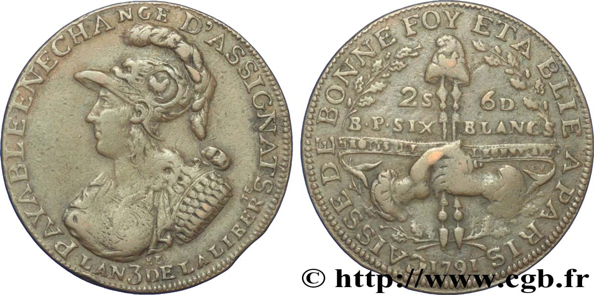 REVOLUTION COINAGE Six blancs de Montagny 1791 s.l. VF