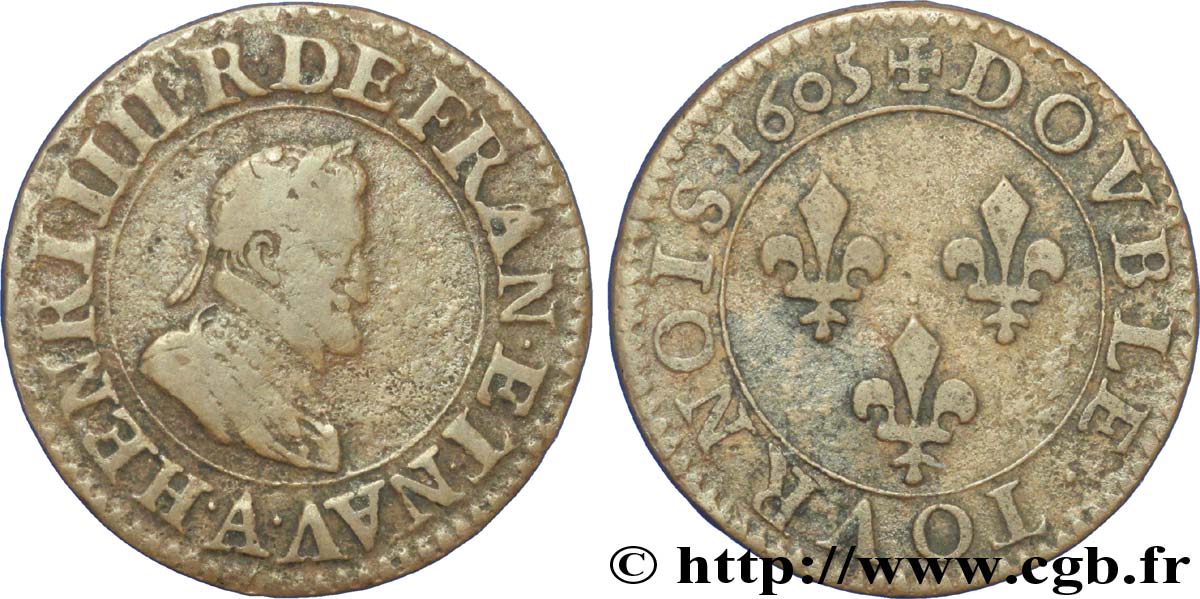 HENRI IV LE GRAND Double tournois, 1er type de Paris (légende française) 1605 Paris, Moulin des Étuves TB