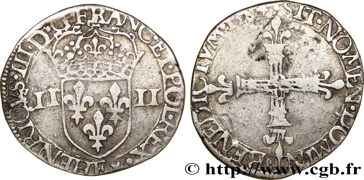 HENRI III Quart d écu, écu de face 1584 Tours TB+/TB