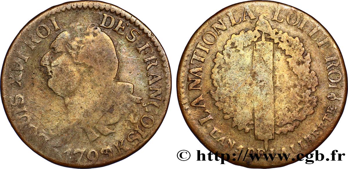 LOUIS XVI (MONARQUE CONSTITUTIONNEL)  6 deniers dit &nbsp;au faisceau&nbsp;, type FRANÇOIS 1793 Bordeaux B