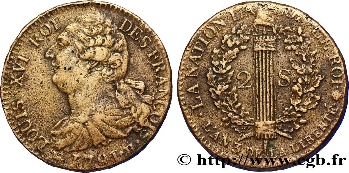 LOUIS XVI 2 sols dit  au faisceau , type FRANÇOIS 1791 Rouen MBC+