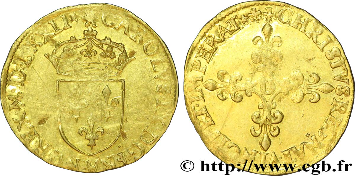 CHARLES IX Écu d or au soleil, 1er type 1572 Lyon fSS/SS