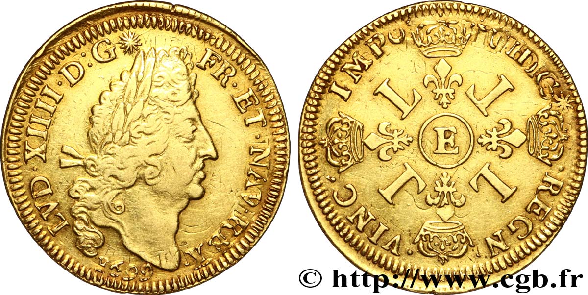 LOUIS XIV LE GRAND OU LE ROI SOLEIL Double louis d&nbsp;or aux quatre L 1699 Tours TTB