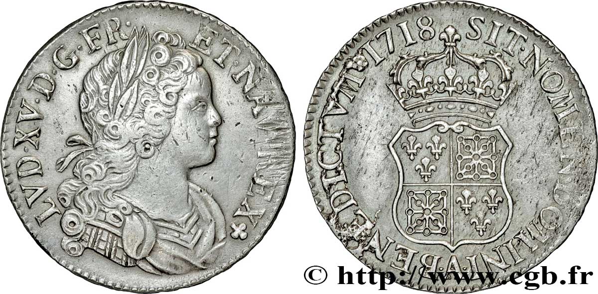 LOUIS XV DIT LE BIEN AIMÉ Écu dit &nbsp;de France-Navarre&nbsp; 1718 Paris TTB+