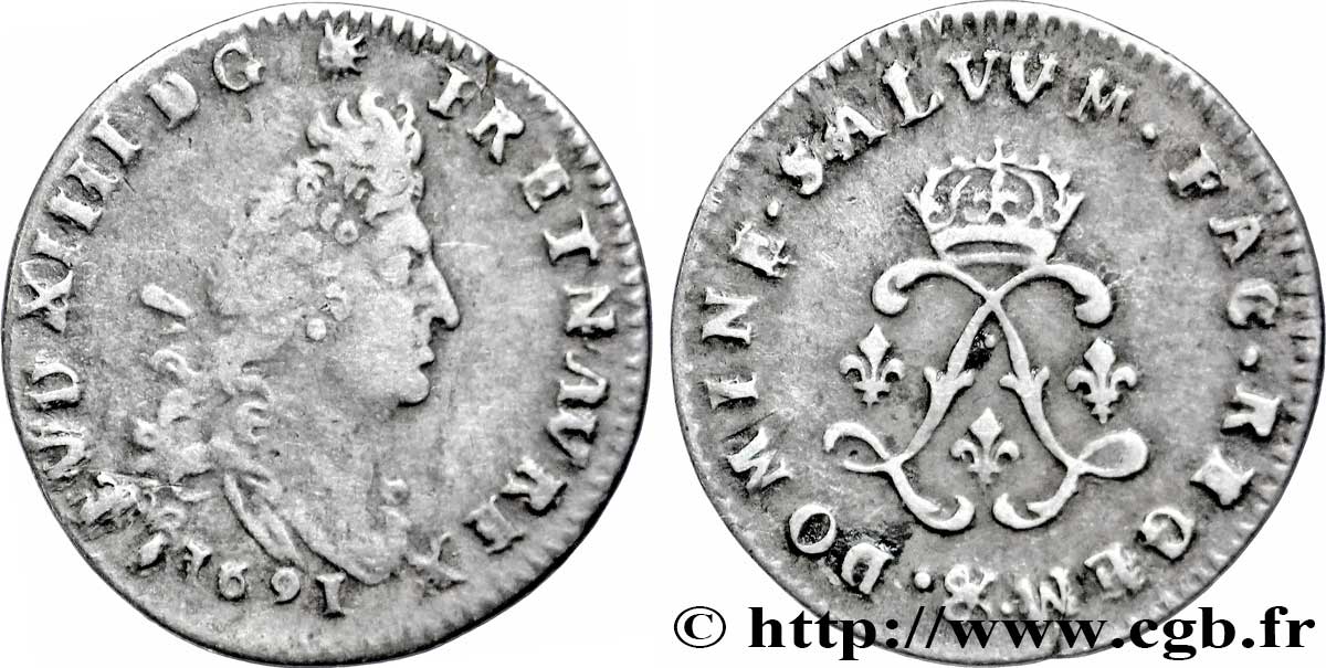 LOUIS XIV LE GRAND OU LE ROI SOLEIL Quatre sols aux deux L 1691 Aix-en-Provence TB+/TTB