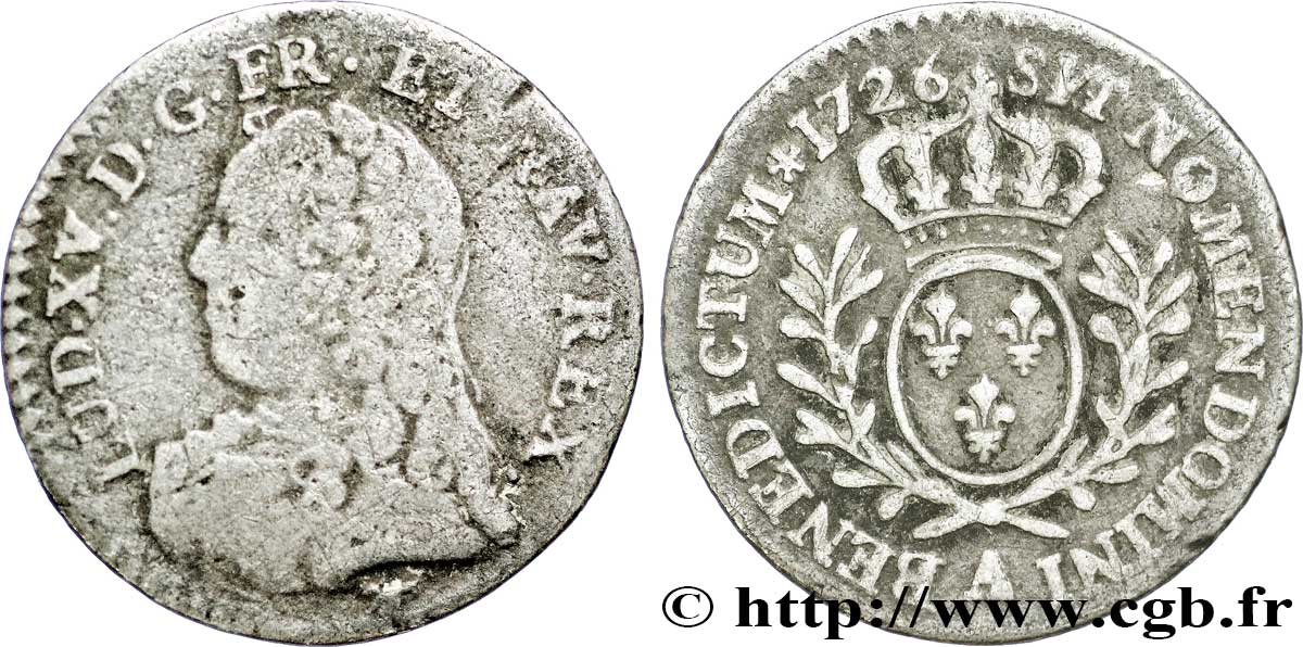 LOUIS XV DIT LE BIEN AIMÉ Vingtième d’écu aux branches d’olivier, buste habillé 1726 Paris B+/TB