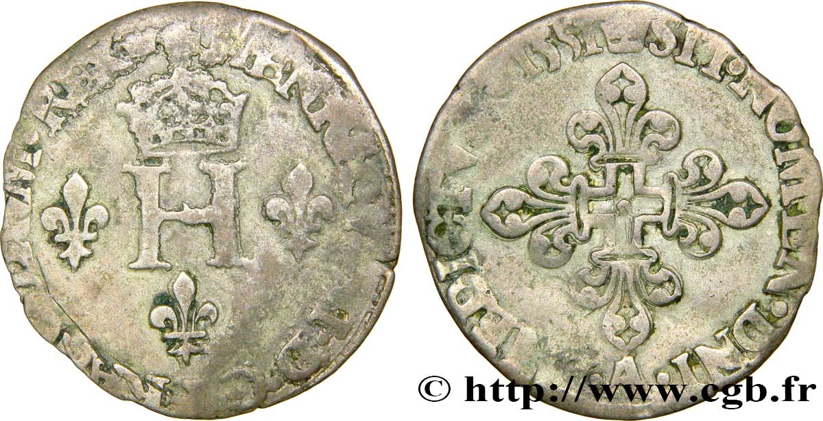 HENRI II Gros de trois blancs ou demi-gros de Nesle 1551 Paris TB