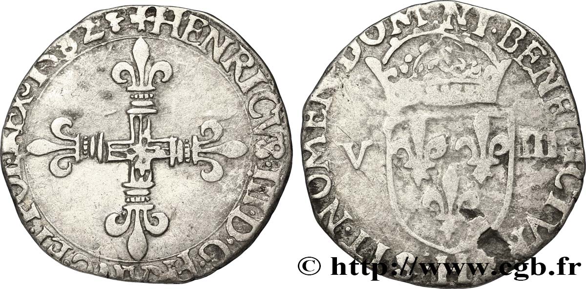 HENRI III Huitième d&nbsp;écu, croix de face 1582 La Rochelle TTB/TB