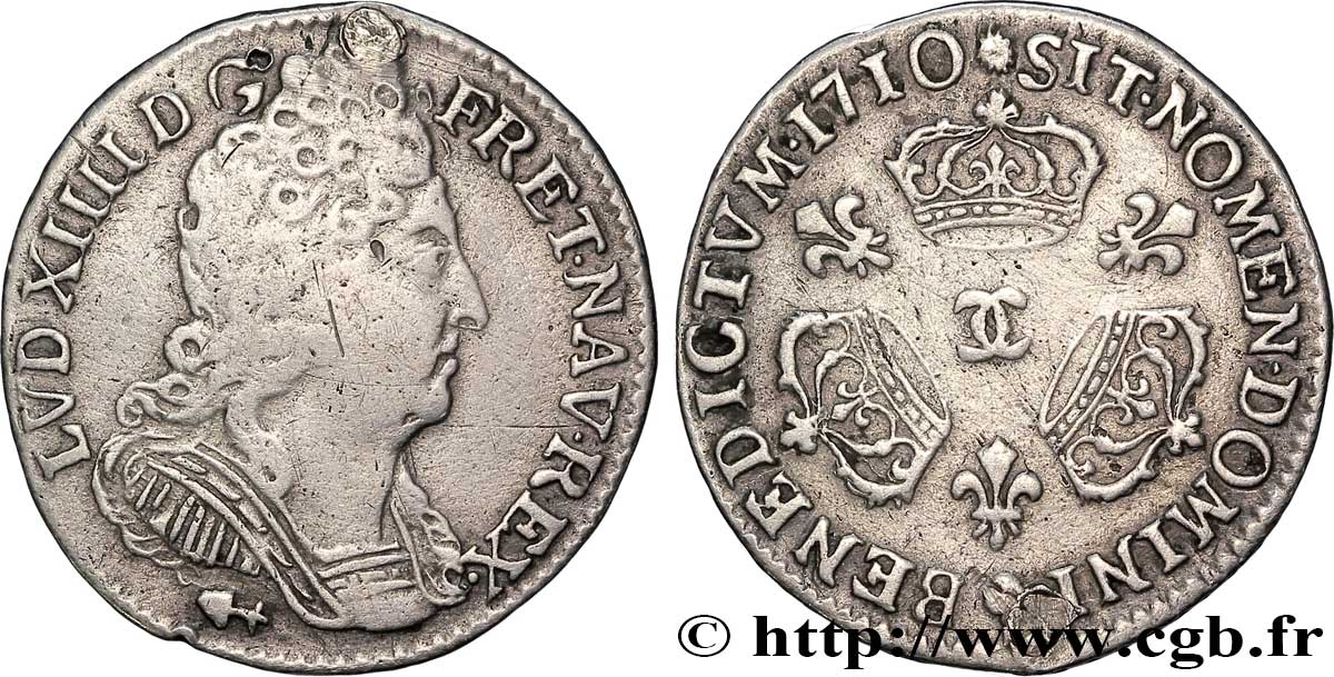 LOUIS XIV LE GRAND OU LE ROI SOLEIL Dixième d&nbsp;écu aux trois couronnes 1710 Besançon TB+