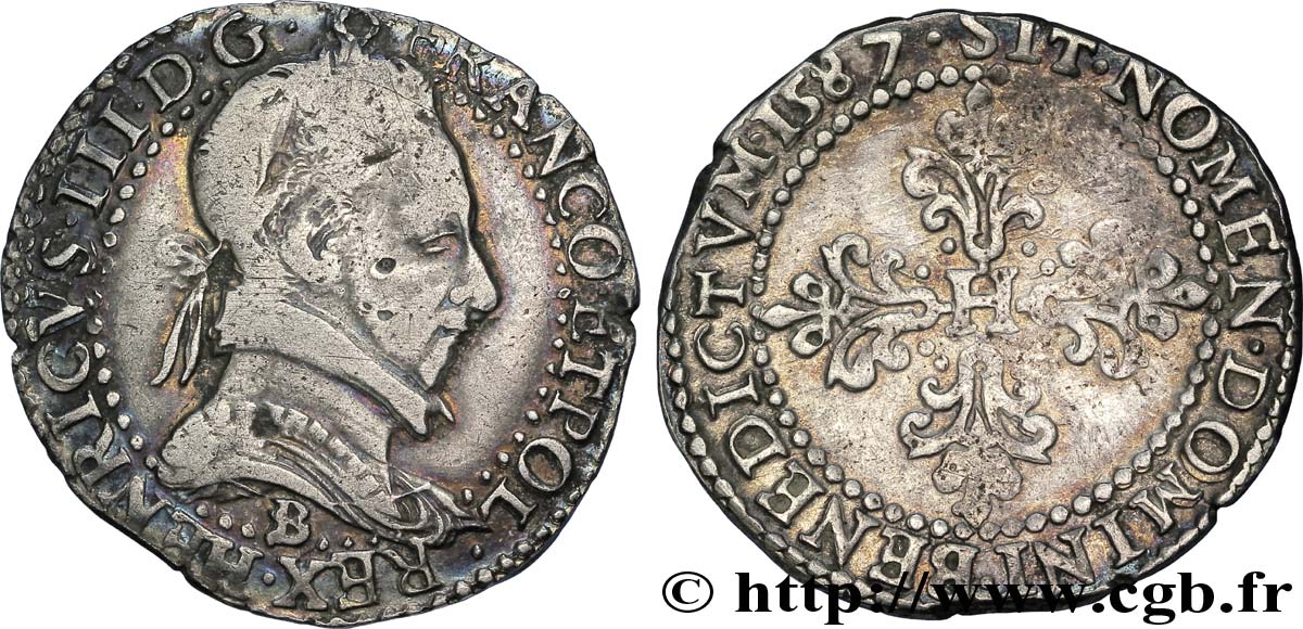 HENRY III Demi-franc au col plat 1587 Rouen XF