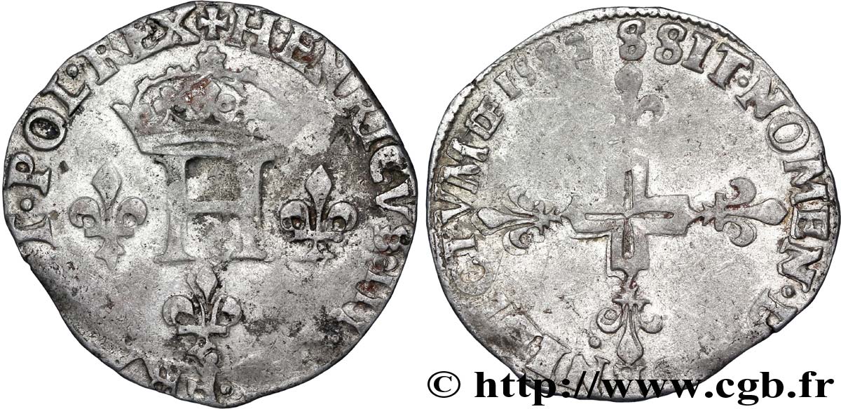 HENRI III Double sol parisis, 2e type 1582 Troyes TB+
