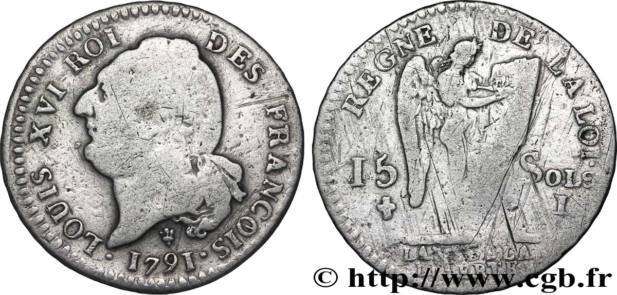 LOUIS XVI (MONARQUE CONSTITUTIONNEL)  15 sols dit  au génie , type FRANCOIS 1791 Limoges B+