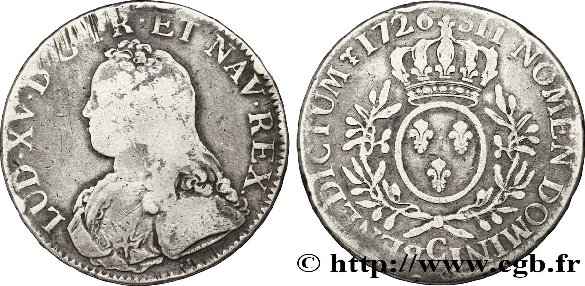 LOUIS XV DIT LE BIEN AIMÉ Écu aux branches d olivier, buste habillé 1726 Caen TB