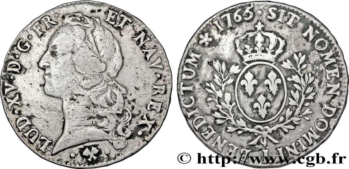 LOUIS XV DIT LE BIEN AIMÉ Écu aux branches d’olivier, tête ceinte d’un bandeau 1765 Bayonne TB+