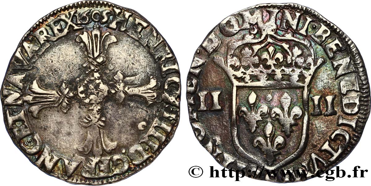 HENRI IV LE GRAND Quart d écu, croix feuillue de face 1605 Rennes TTB