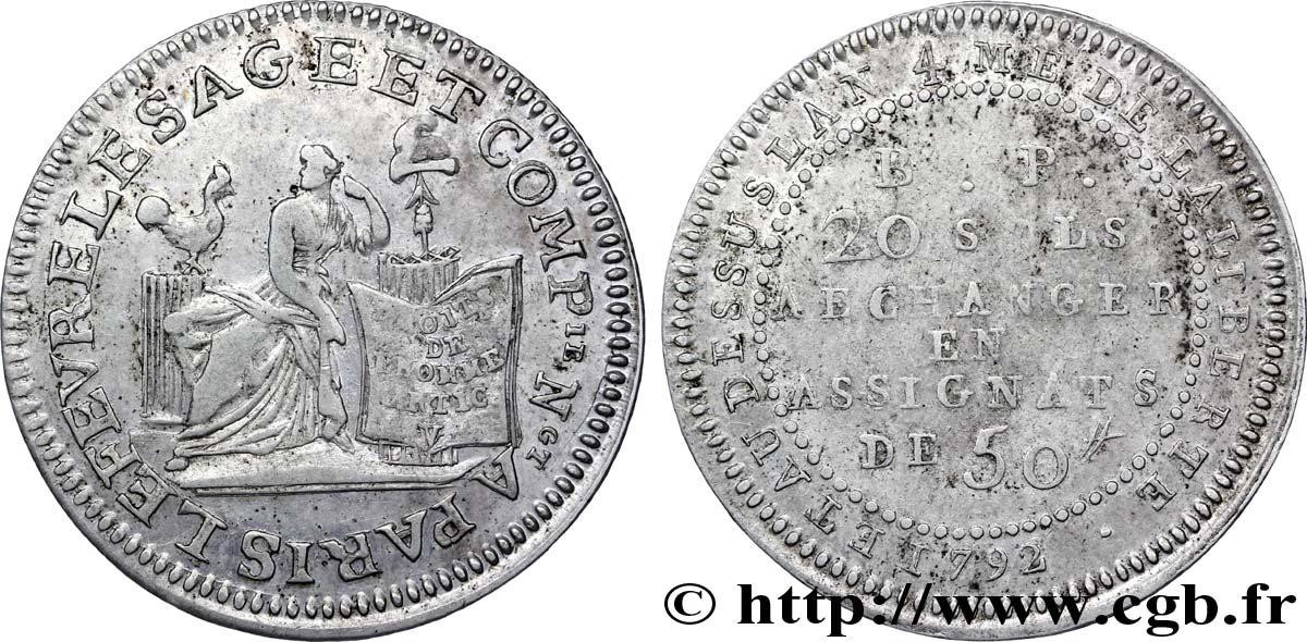 CONFIANCE (MONNAIES DE...) 20 sols de Lefèvre Lesage et Cie 1792 Paris TTB