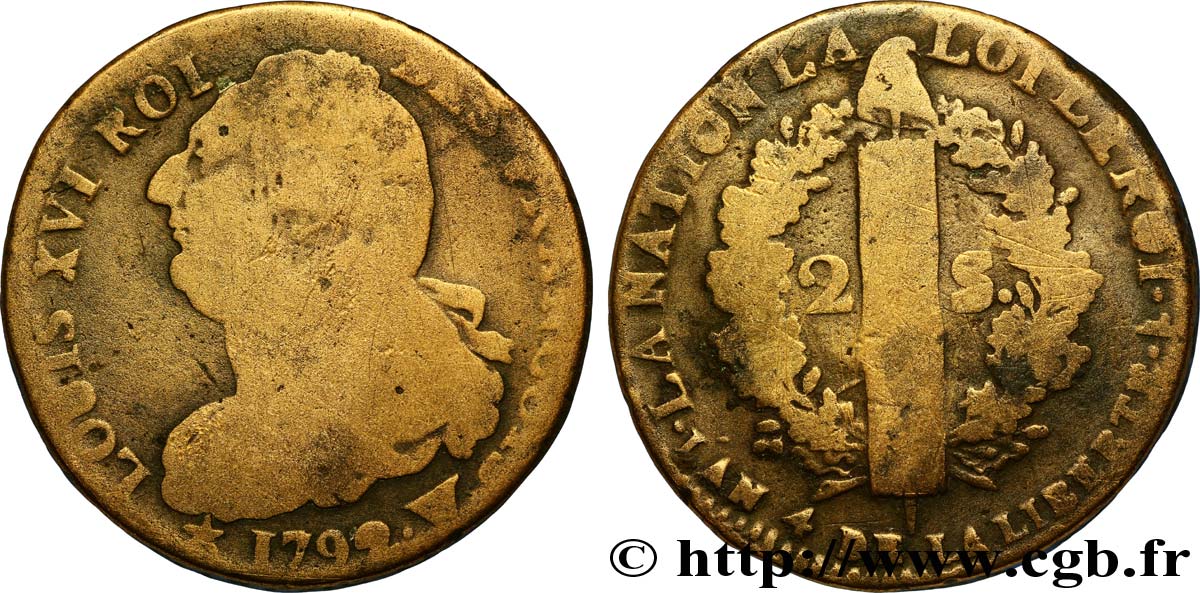 LOUIS XVI (MONARQUE CONSTITUTIONNEL)  2 sols dit  au faisceau , type FRANÇOIS 1792 Lille B
