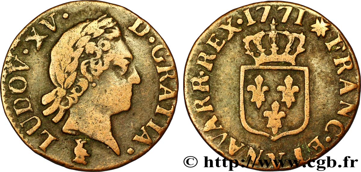LOUIS XV DIT LE BIEN AIMÉ Liard &nbsp;à la vieille tête&nbsp; 1771 Troyes TB+