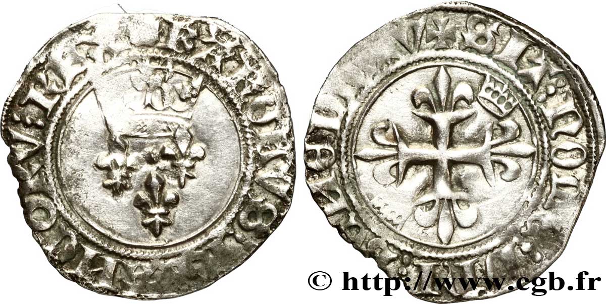 MONNAYAGE DU DUC DE BOURGOGNE AU NOM DE CHARLES VI LE FOU OU LE BIEN AIMÉ Gros dit &nbsp;florette&nbsp; n.d. Châlons-en-Champagne TTB