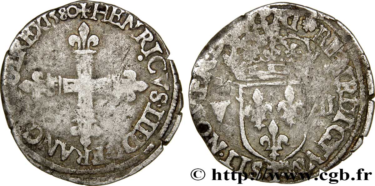 HENRI III Huitième d écu, croix de face 1580 Nantes TB