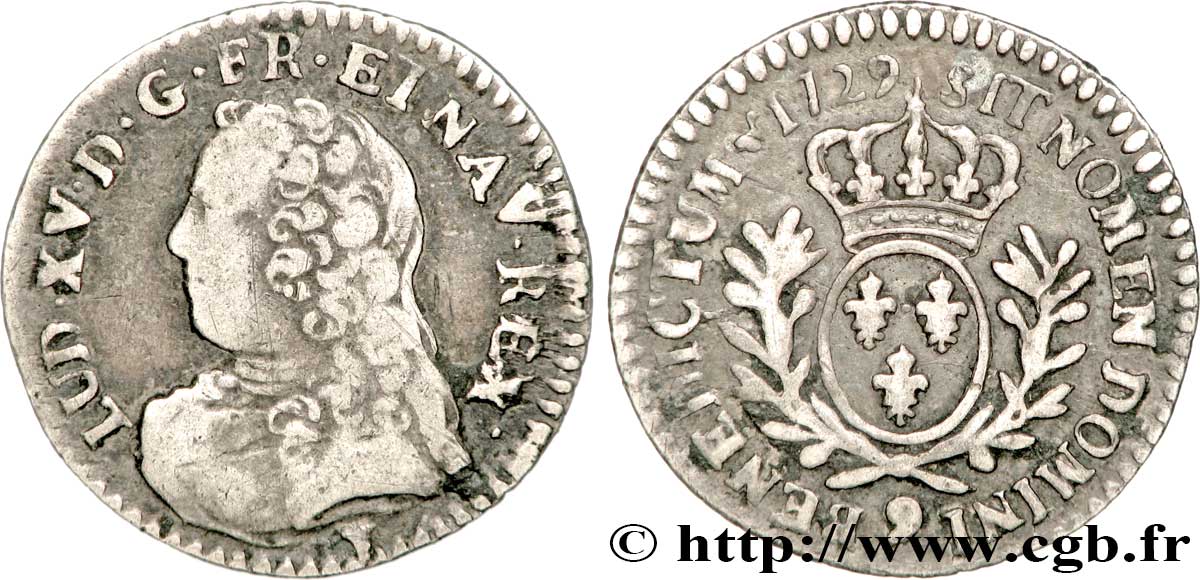 LOUIS XV DIT LE BIEN AIMÉ Vingtième d’écu aux branches d’olivier, buste habillé 1729 Rennes TB+