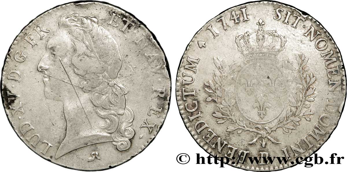 LOUIS XV DIT LE BIEN AIMÉ Écu aux branches d’olivier, tête ceinte d’un bandeau 1741 Rouen TB+