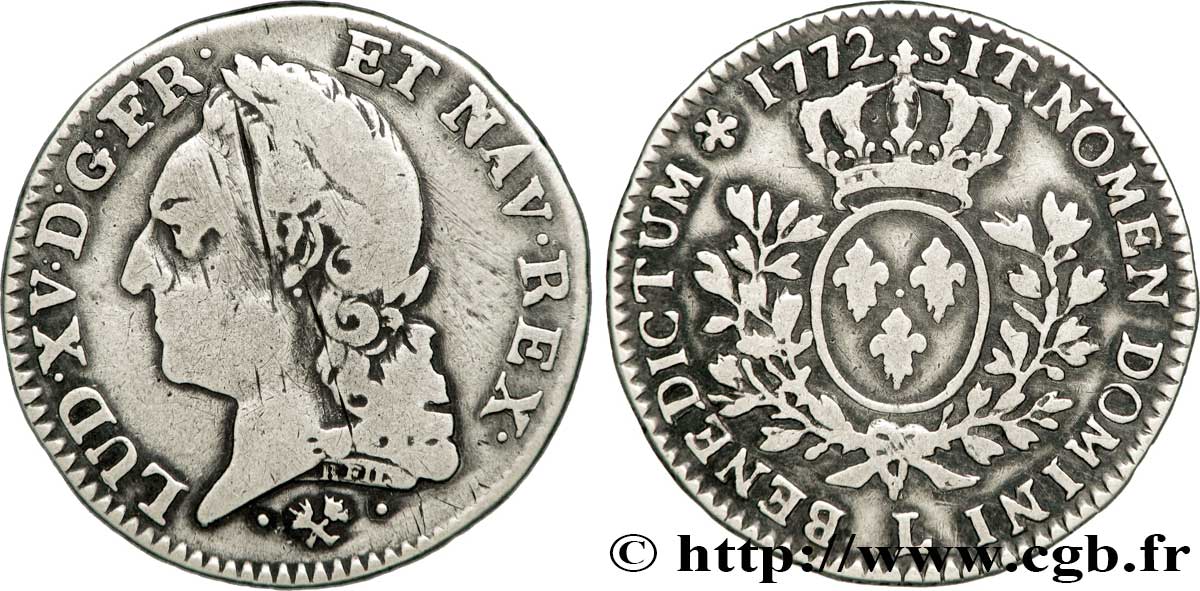 LOUIS XV DIT LE BIEN AIMÉ Cinquième d&nbsp;écu aux branches d’olivier, buste lauré 1772 Bayonne TB/TB+