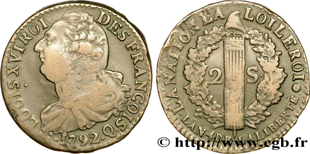 LOUIS XVI (MONARQUE CONSTITUTIONNEL)  2 sols dit  au faisceau , type FRANÇOIS 1792 Perpignan TTB