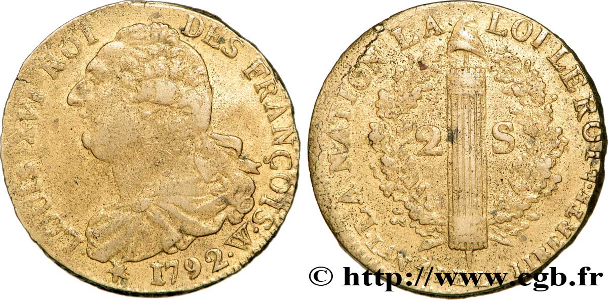 LOUIS XVI (MONARQUE CONSTITUTIONNEL)  2 sols dit  au faisceau , type FRANÇOIS 1792 Lille TTB