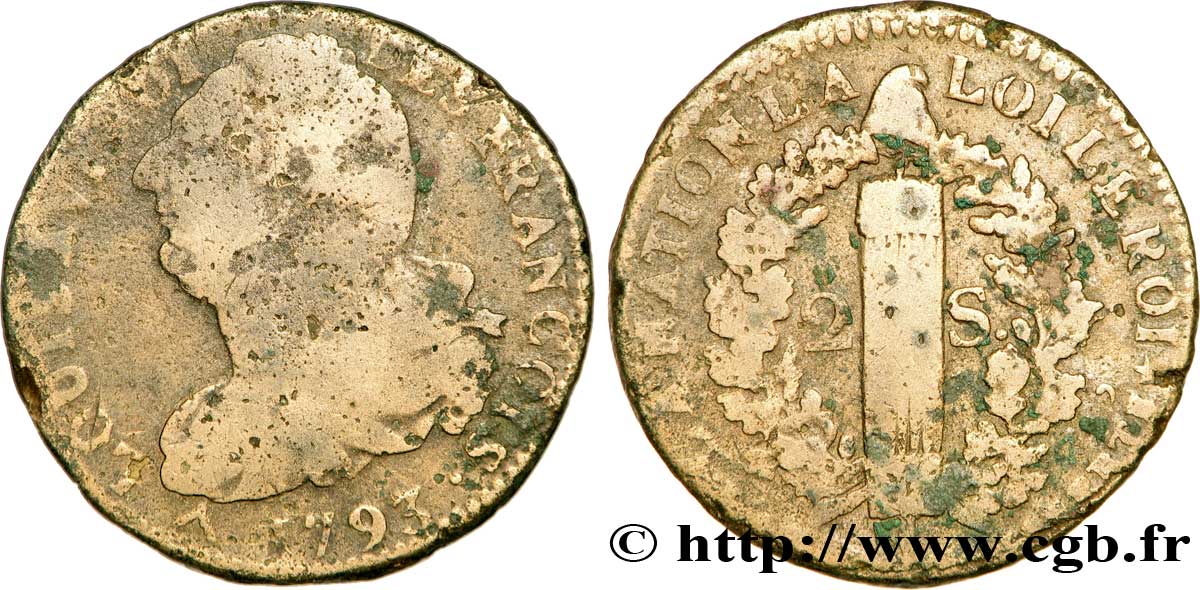 LOUIS XVI (MONARQUE CONSTITUTIONNEL)  2 sols dit &nbsp;au faisceau&nbsp;, type FRANÇOIS 1793 Orléans TB+/B+