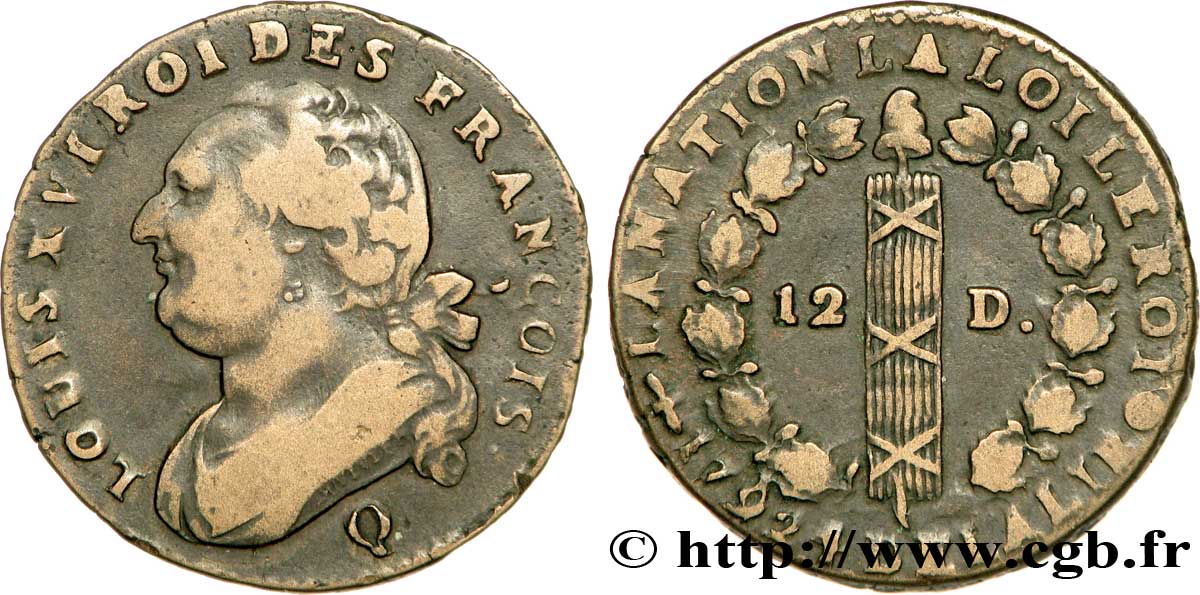 LOUIS XVI 12 deniers dit  au faisceau , type FRANÇOIS 1792 Perpignan BB/q.SPL