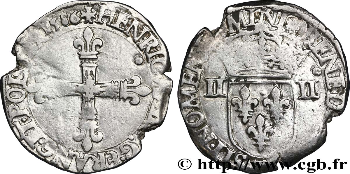HENRY III Quart d écu, croix de face 1586 Nantes VG