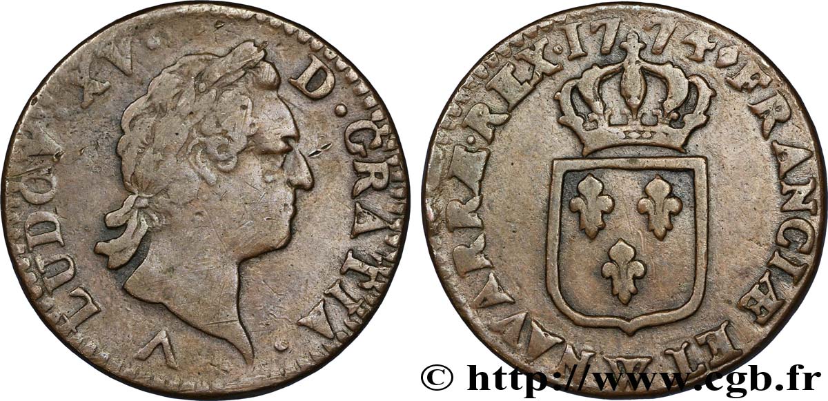 LOUIS XV DIT LE BIEN AIMÉ Sol dit &nbsp;à la vieille tête&nbsp; 1774 Lille TB/B+