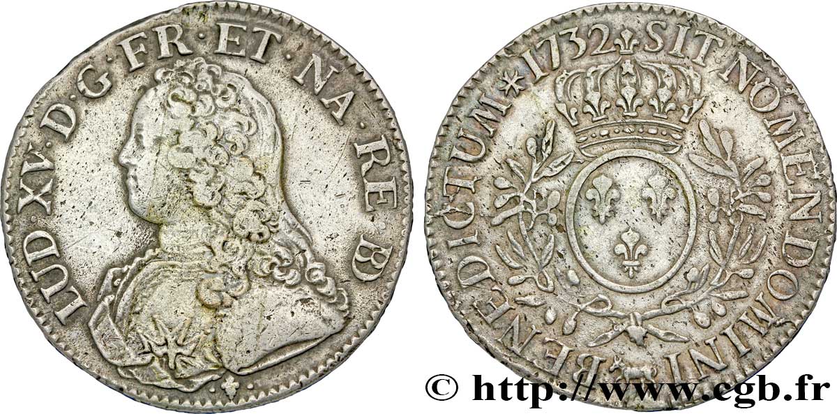 LOUIS XV DIT LE BIEN AIMÉ Écu aux branches d&nbsp;olivier, buste habillé 1732 Pau TB+/TTB