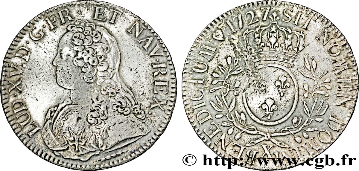 LOUIS XV DIT LE BIEN AIMÉ Écu aux branches d&nbsp;olivier, buste habillé 1727 Amiens TTB/TB+